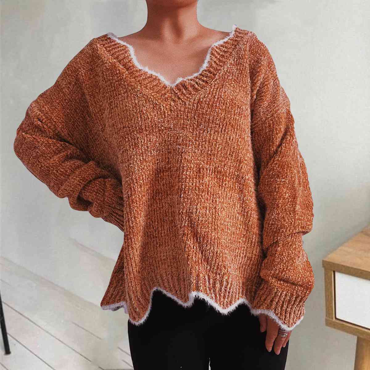 V-Neck Drop Shoulder Long Sleeve Sweater