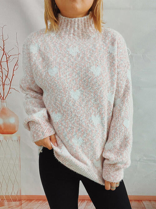 Heart Heathered Turtleneck Drop Shoulder Sweater