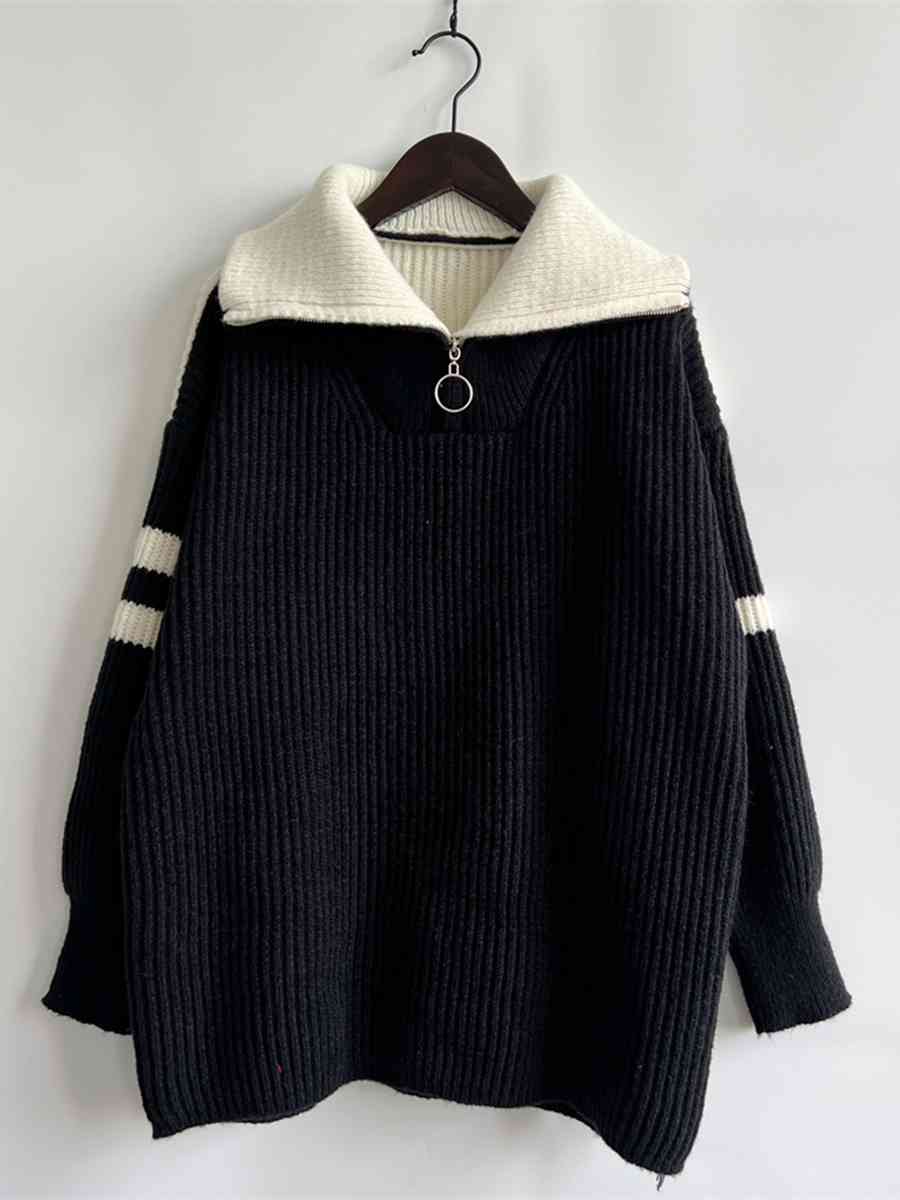 Ribbed Two-Tone Half Zip Sweater