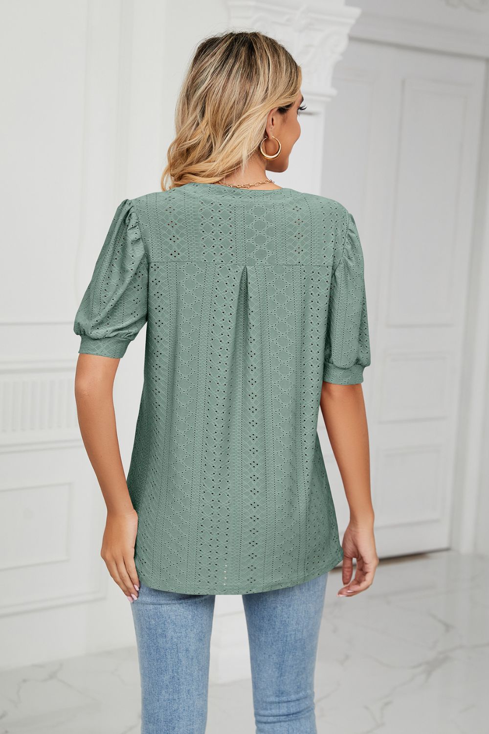 Eyelet Short Puff Sleeve Notched Neck Top