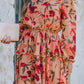 Floral Tie Neck Long Sleeve Layered Dress