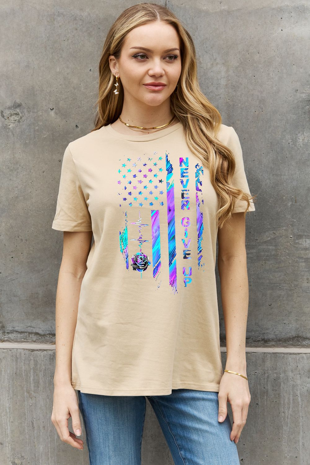 Simply Love NEVER GIVE UP Graphic Cotton Tee