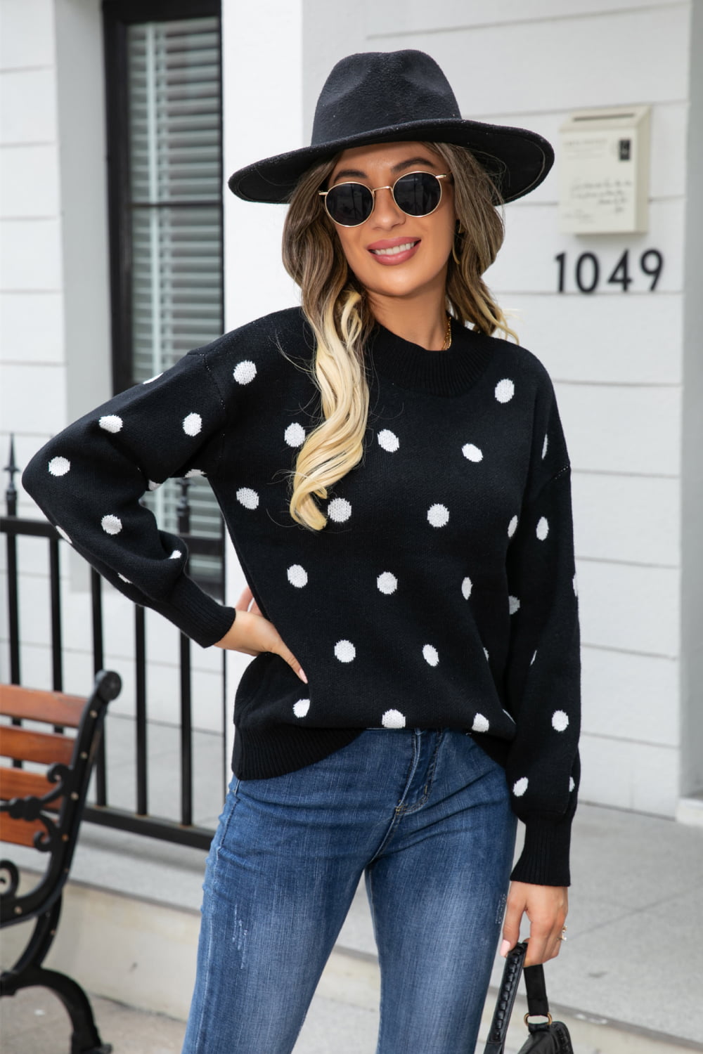 Polka Dot Round Neck Dropped Shoulder Sweater