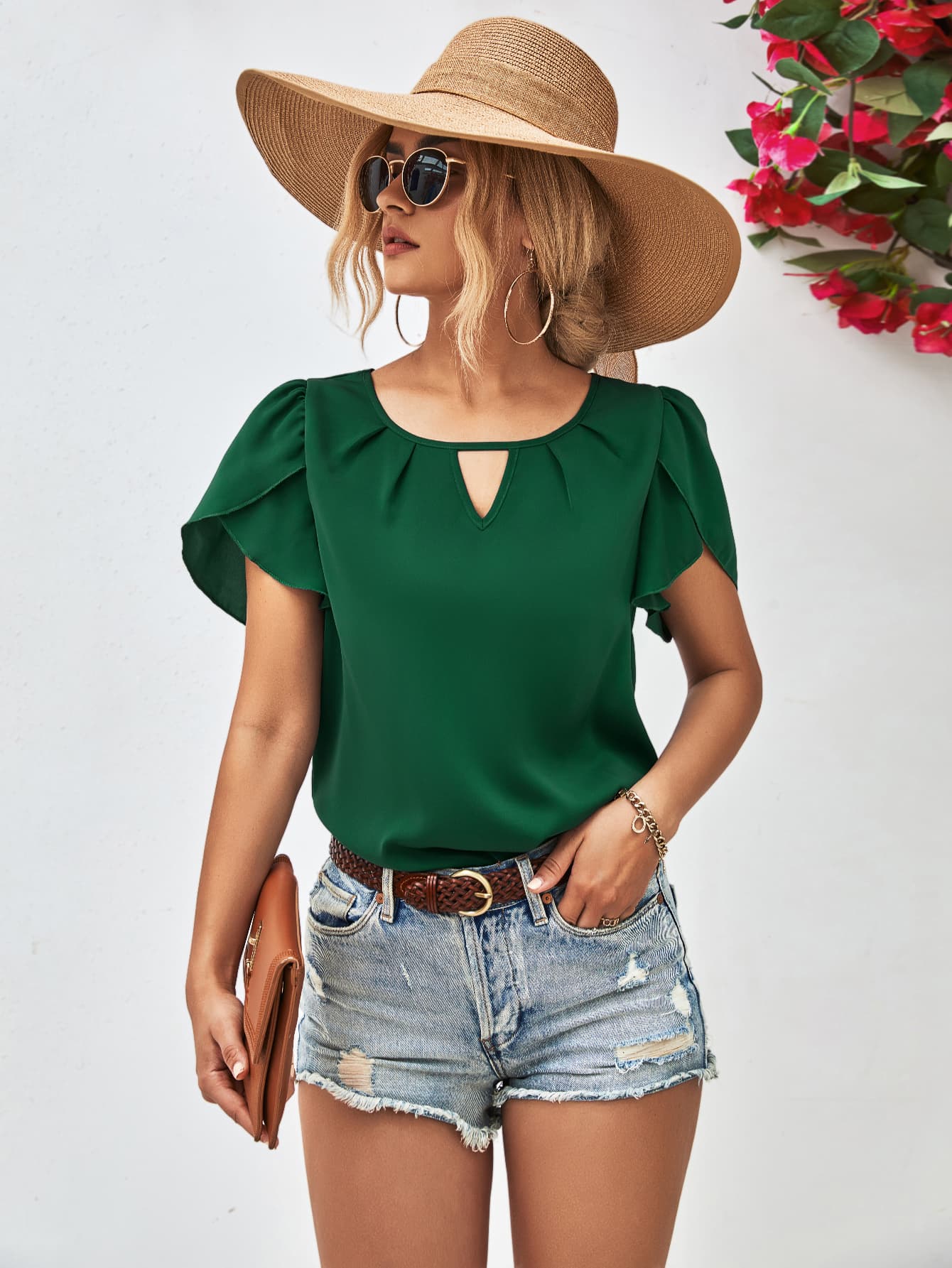 Cutout Round Neck Petal Sleeve Blouse