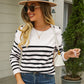 Round Neck Shoulder Button Striped Pullover Sweater