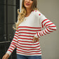 Round Neck Shoulder Button Striped Pullover Sweater