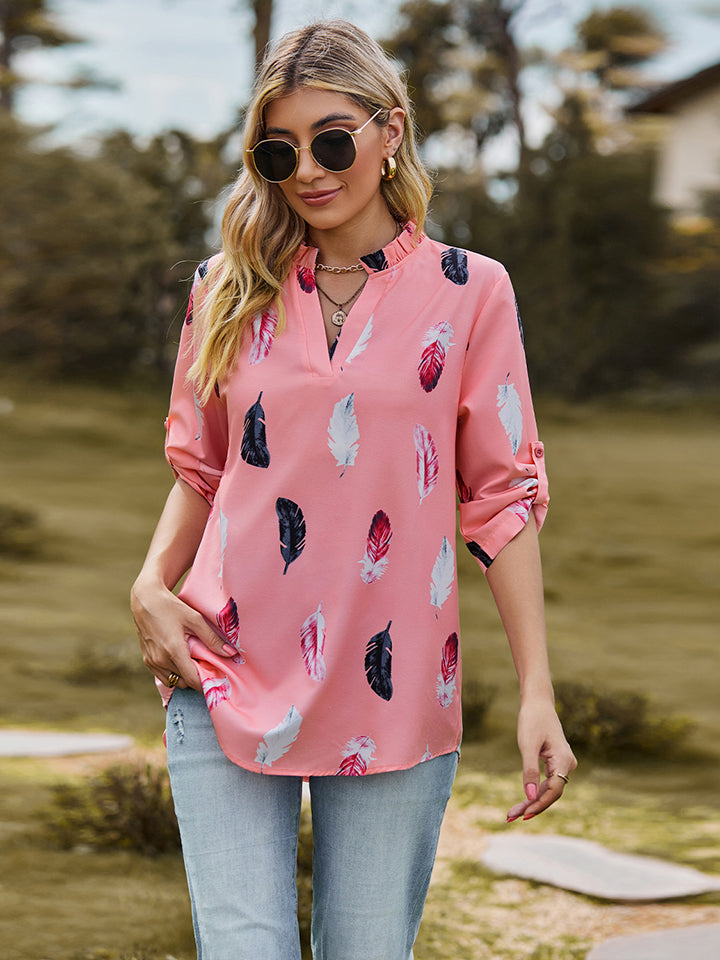 Printed Roll-Tab Sleeve Notched Neck Blouse