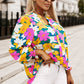 Floral Print Notched Neck Lantern Sleeve Blouse