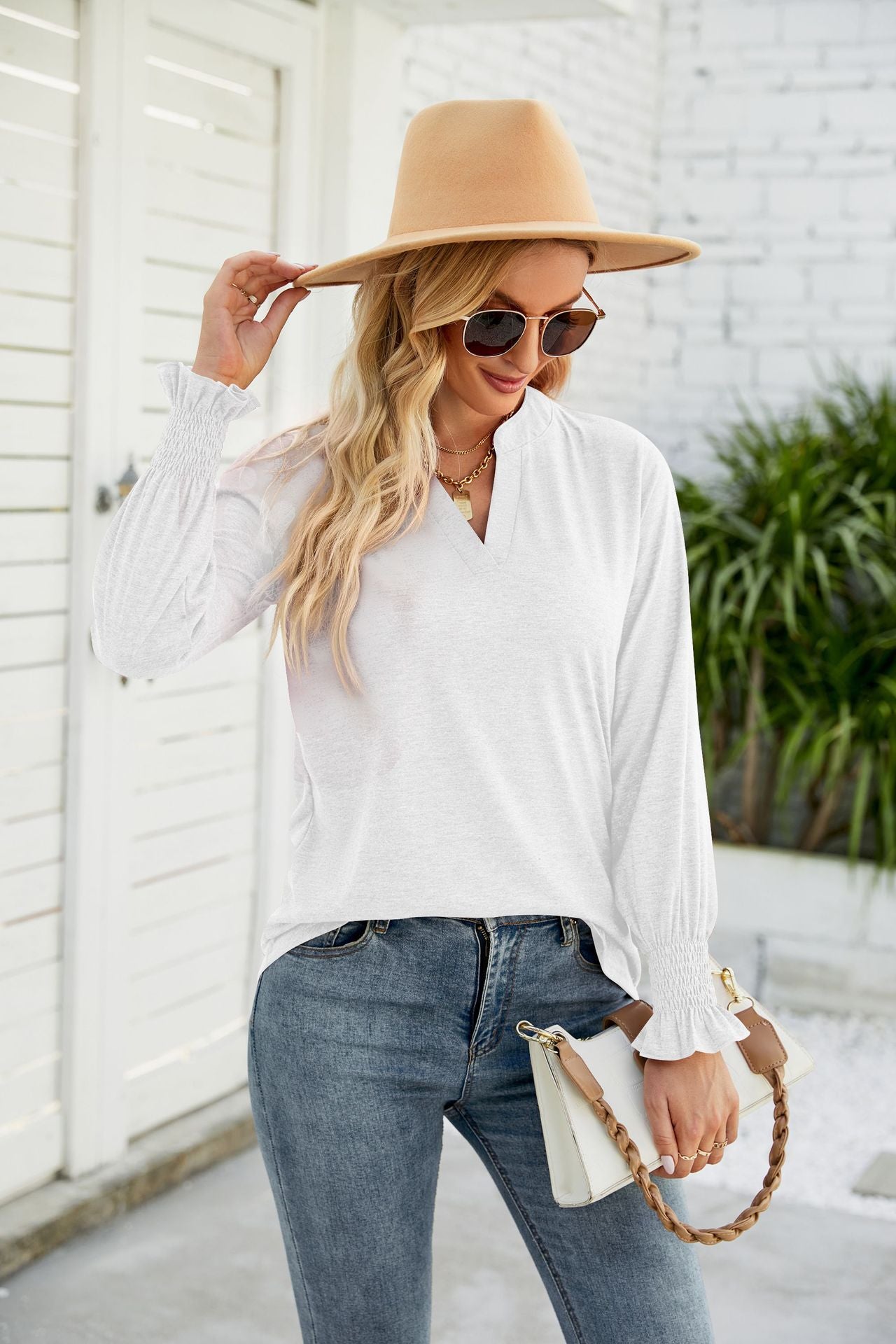 Heathered Flounce Sleeve Curved Hem Top