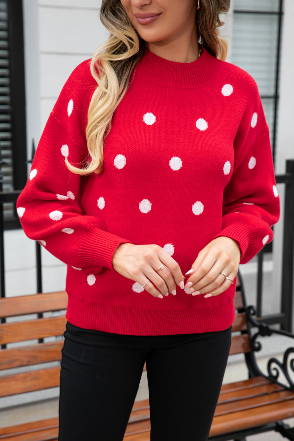 Polka Dot Round Neck Dropped Shoulder Sweater