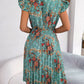 Pleated Floral Printed Tie Neck Knee Length Dress