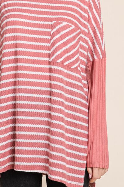 Oversize Striped Round Neck Long Sleeve Slit T-Shirt
