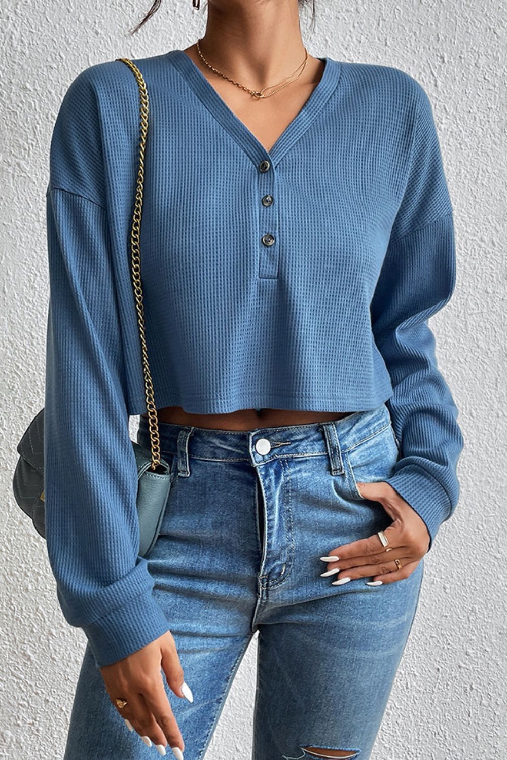 Cropped V-Neck Raglan Sleeve Buttoned Blouse