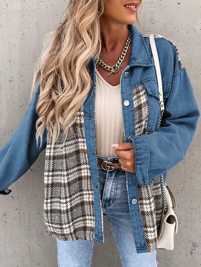 Plaid Button Up Dropped Shoulder Jacket