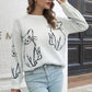 Cat Pattern Round Neck Long Sleeve Pullover Sweater