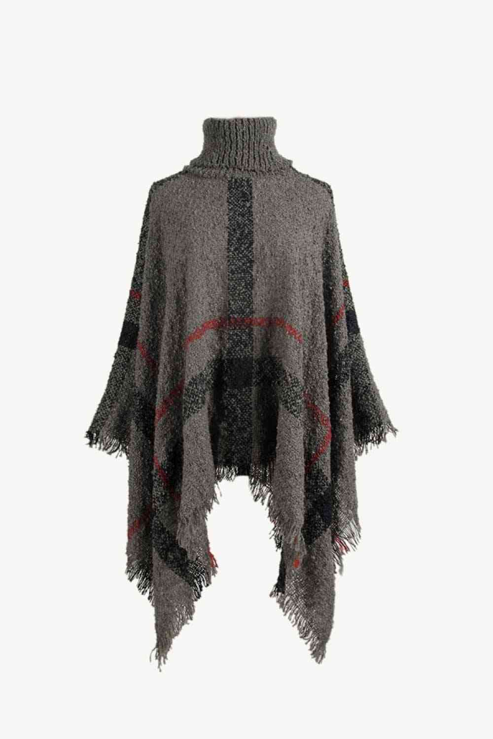 Plaid Turtleneck Raw Hem Poncho