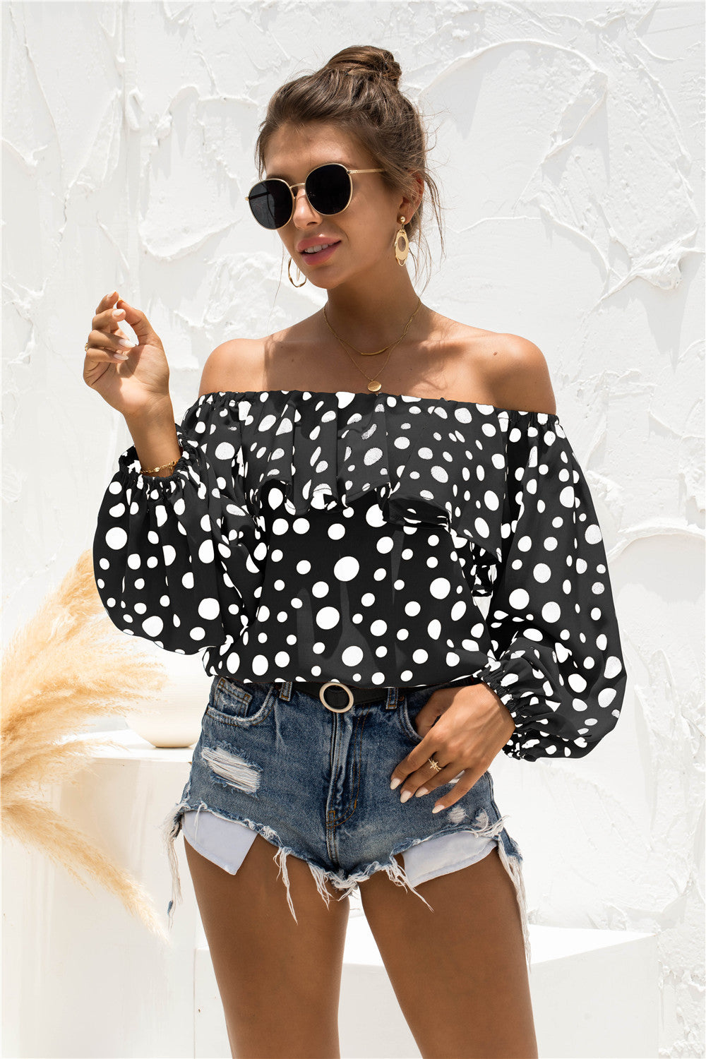 Polka Dot Off-Shoulder Layered Blouse