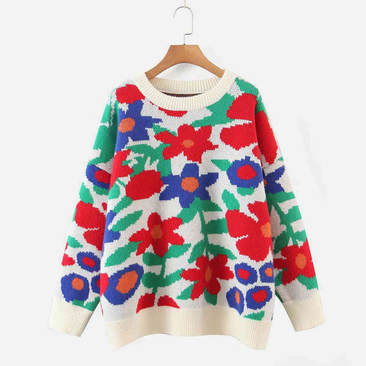 Floral Round Neck Drop Shoulder Sweater