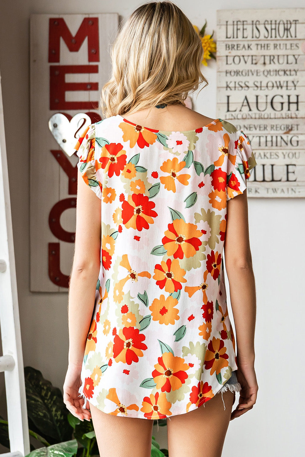 Floral Flutter Sleeve Round Neck Blouse