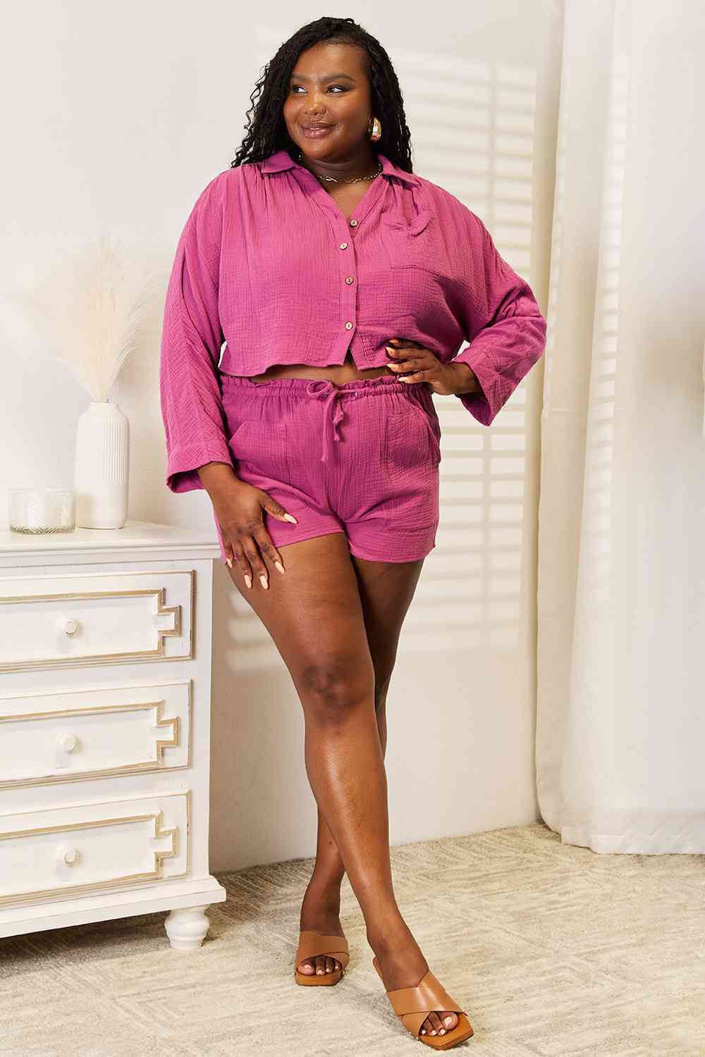 Buttoned Long Sleeve Top and Shorts Set