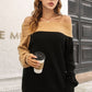 Ribbed Off-Shoulder Lantern Sleeve Pullover Sweater