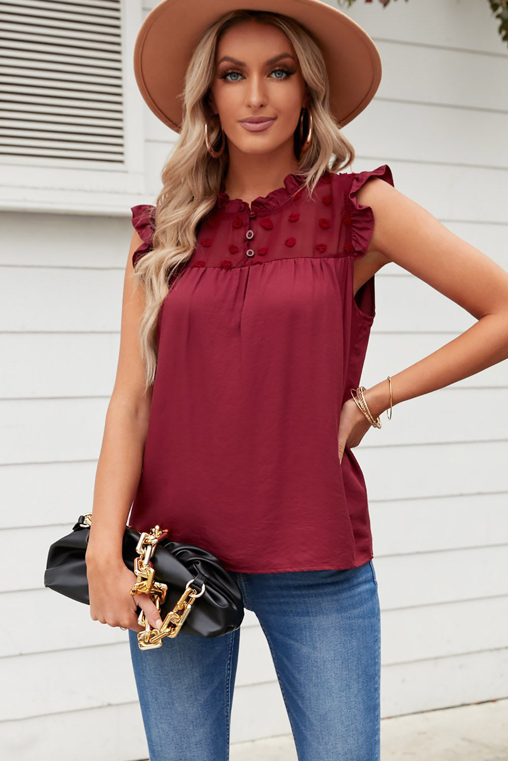 Swiss Dot Buttoned Ruffle Trim Tank Top