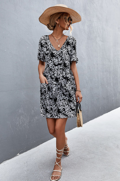 Printed Button Down Pocketed Dress