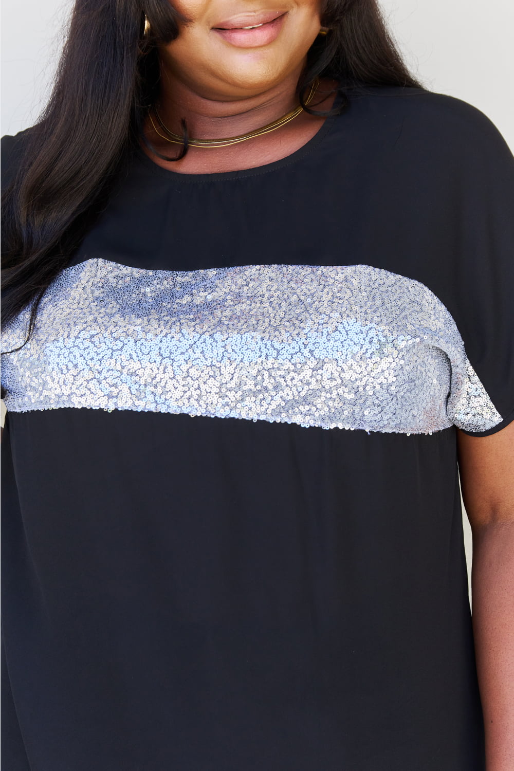 Center Mesh Sequin Top in Black/Silver