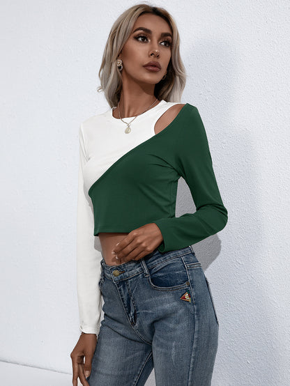 Cropped Contrast Color Round Neck Tee