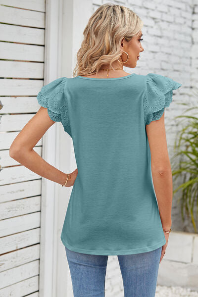 Eyelet Square Neck Cap Sleeve Blouse