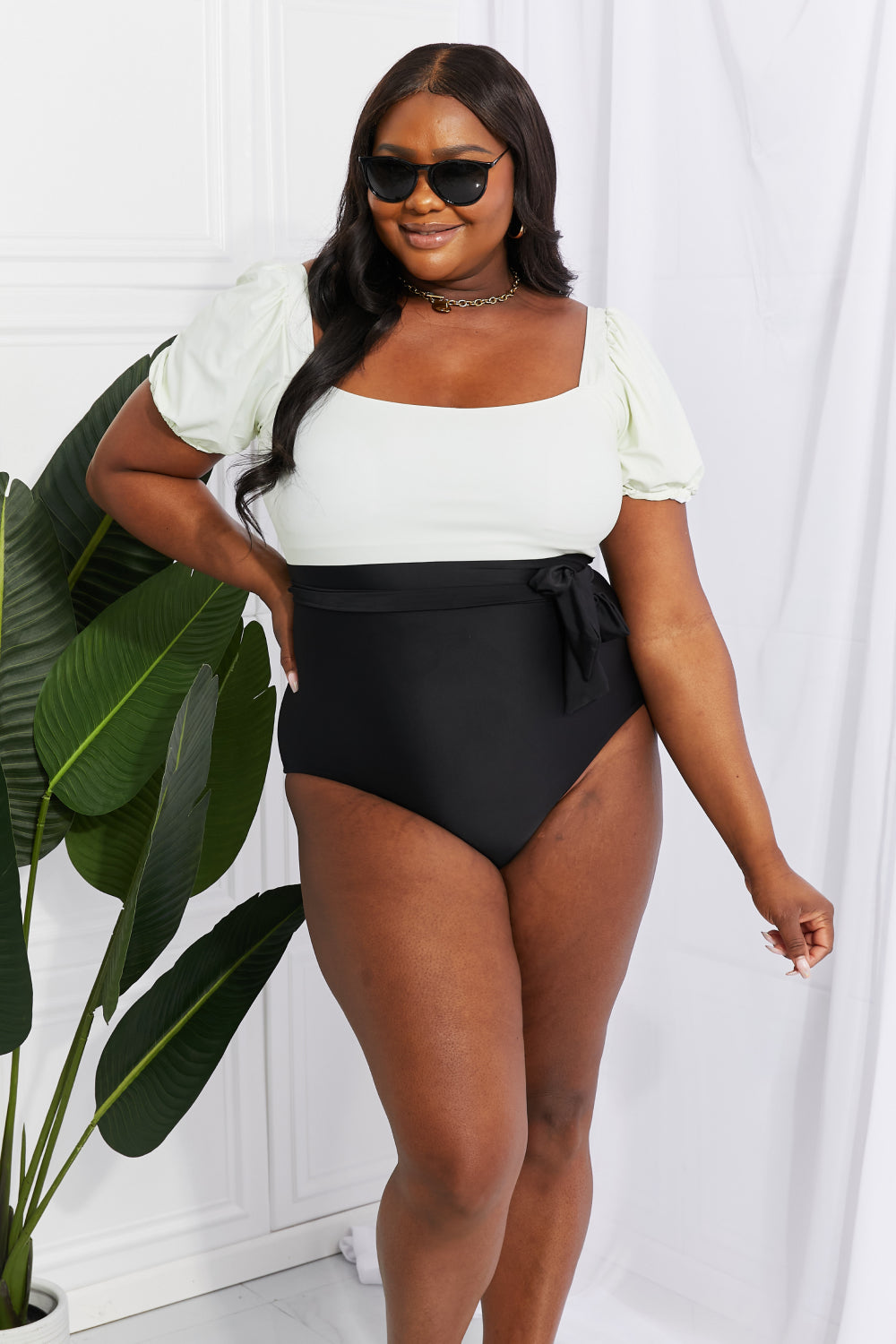 Puff Sleeve One-Piece Swimsuit in Cream/Black