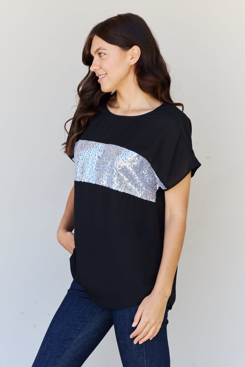 Center Mesh Sequin Top in Black/Silver