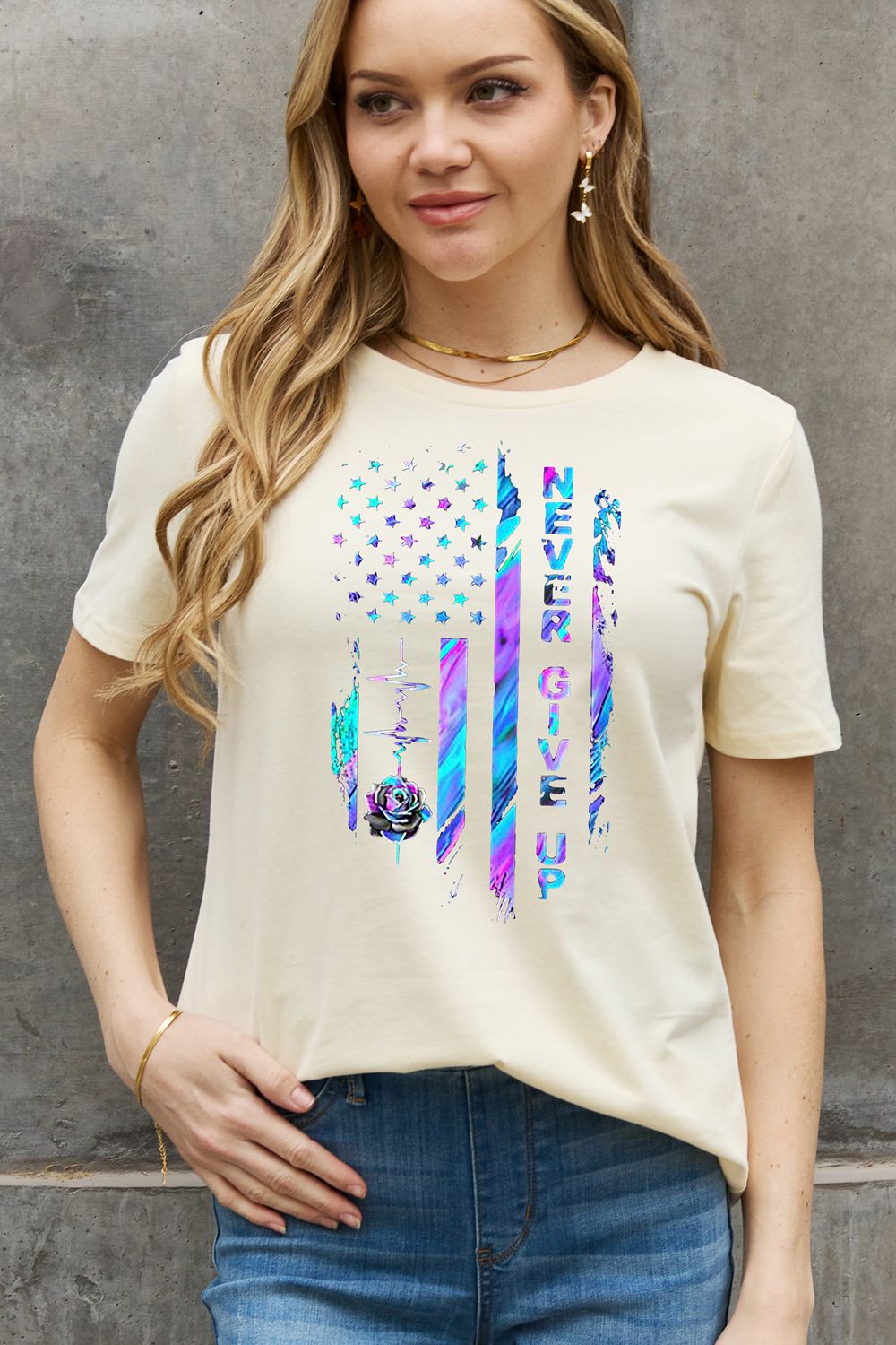 Simply Love NEVER GIVE UP Graphic Cotton Tee