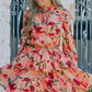 Floral Tie Neck Long Sleeve Layered Dress