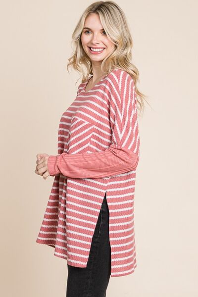 Oversize Striped Round Neck Long Sleeve Slit T-Shirt