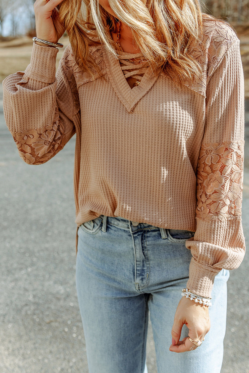 Crisscross V-Neck Waffle-Knit Top