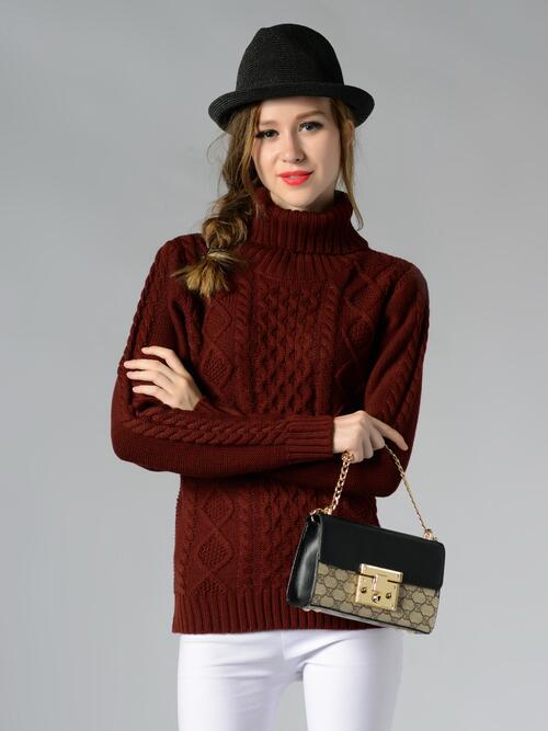 Cable-Knit Turtleneck Long Sleeve Sweater