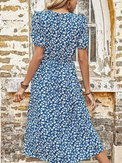 Woman wearing Blue Floral Midi Dress
