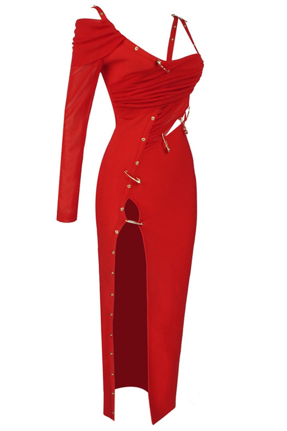 One Sleeve Pin Detail Slit Red Dress