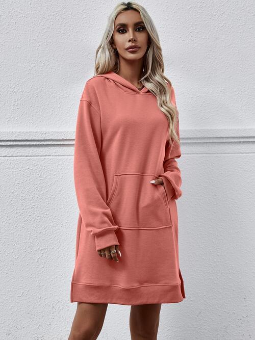 Slit Long Sleeve Hooded Dress with Pocket