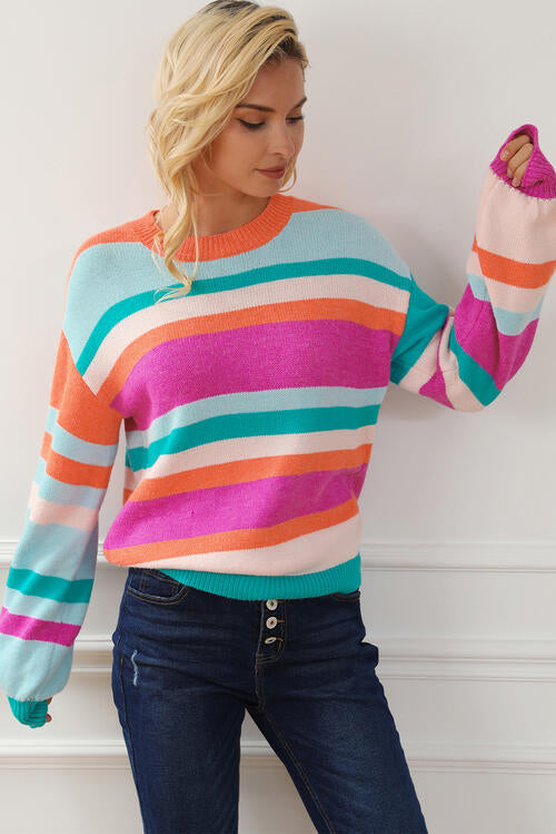 Striped Round Neck Long Sleeve Knit Top