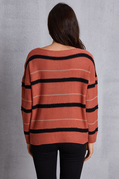 Striped Round Neck Dropped Shoulder Sweater