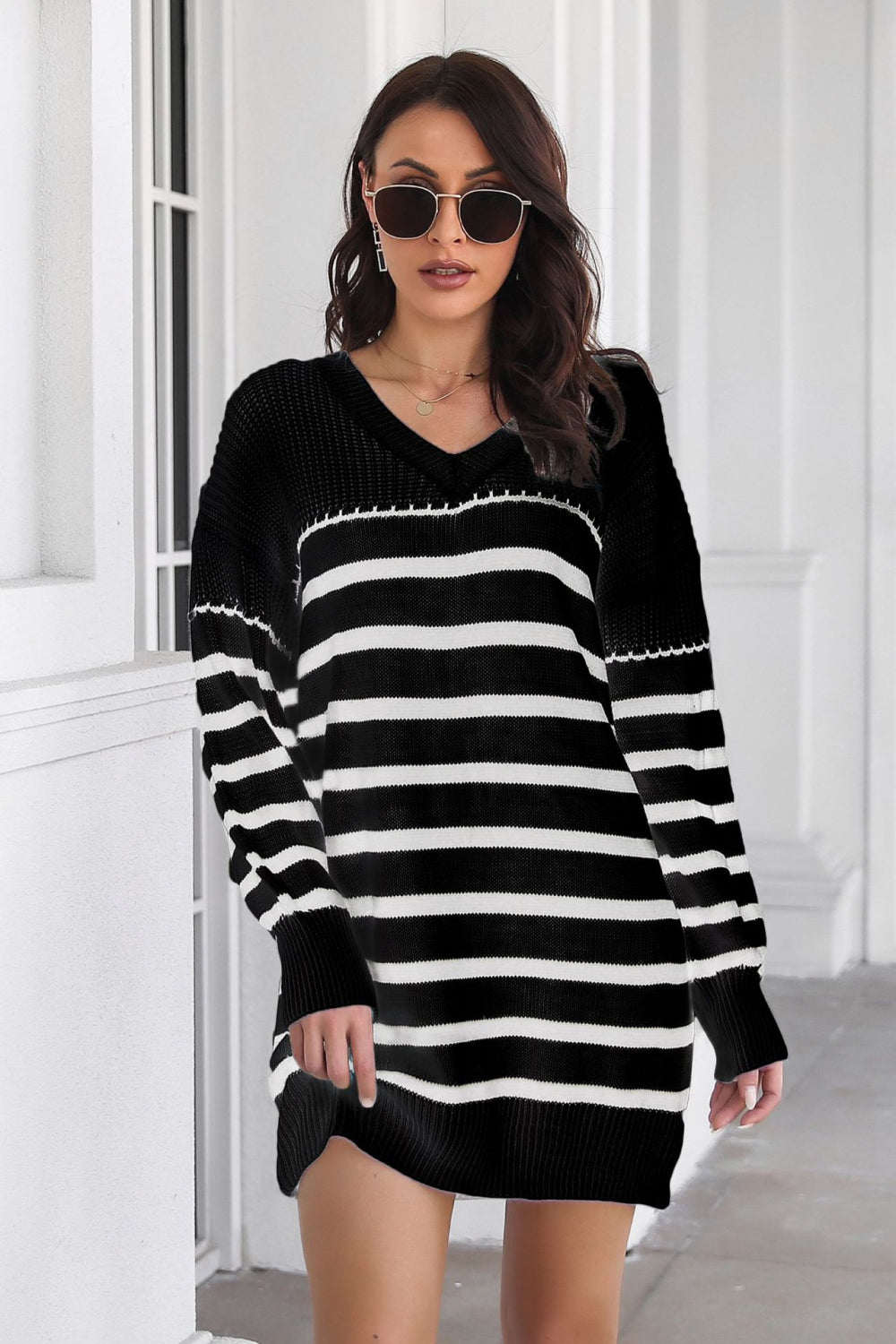 Striped V-Neck Drop Shoulder Sweater Dress