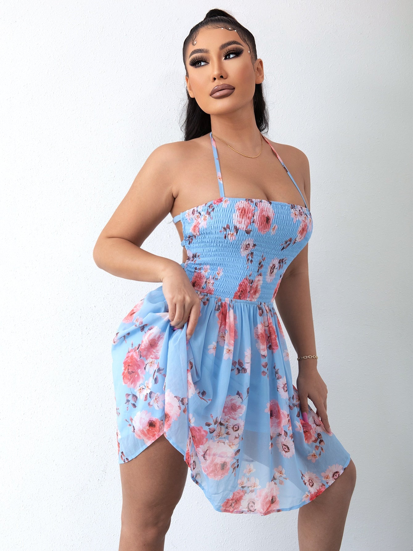 Floral Halter Neck Smocked Dress