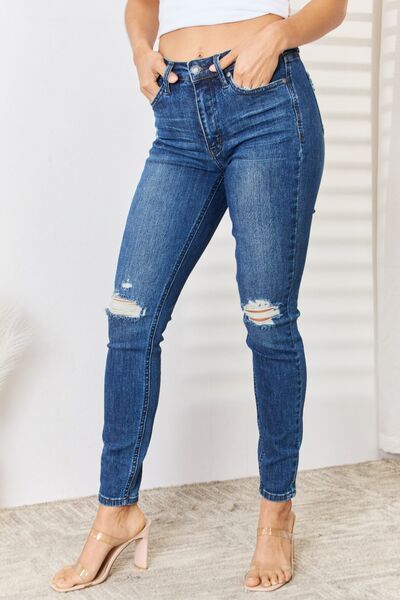 Judy Blue Mid Waist Distressed Slim Jeans