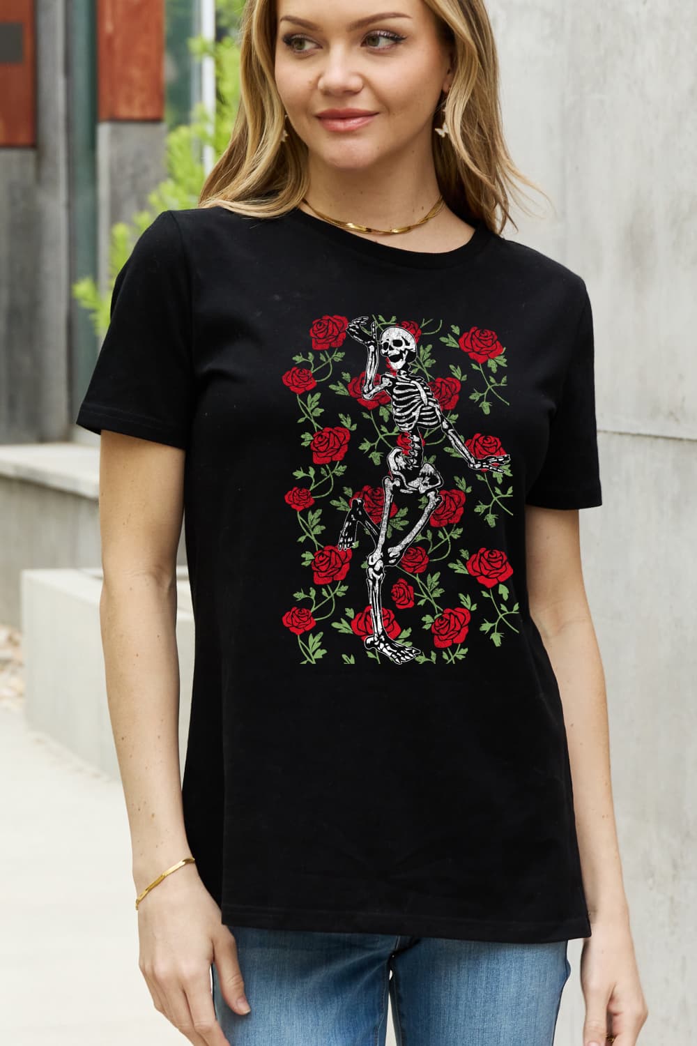 Skeleton & Rose Graphic Cotton Tee