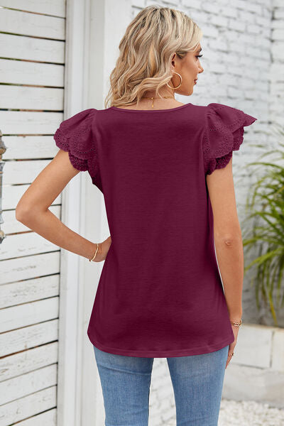 Eyelet Square Neck Cap Sleeve Blouse