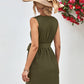 Buttoned V-Neck Belted Sleeveless Dress