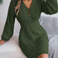 Buttoned Cable-Knit V-Neck Sweater Dress