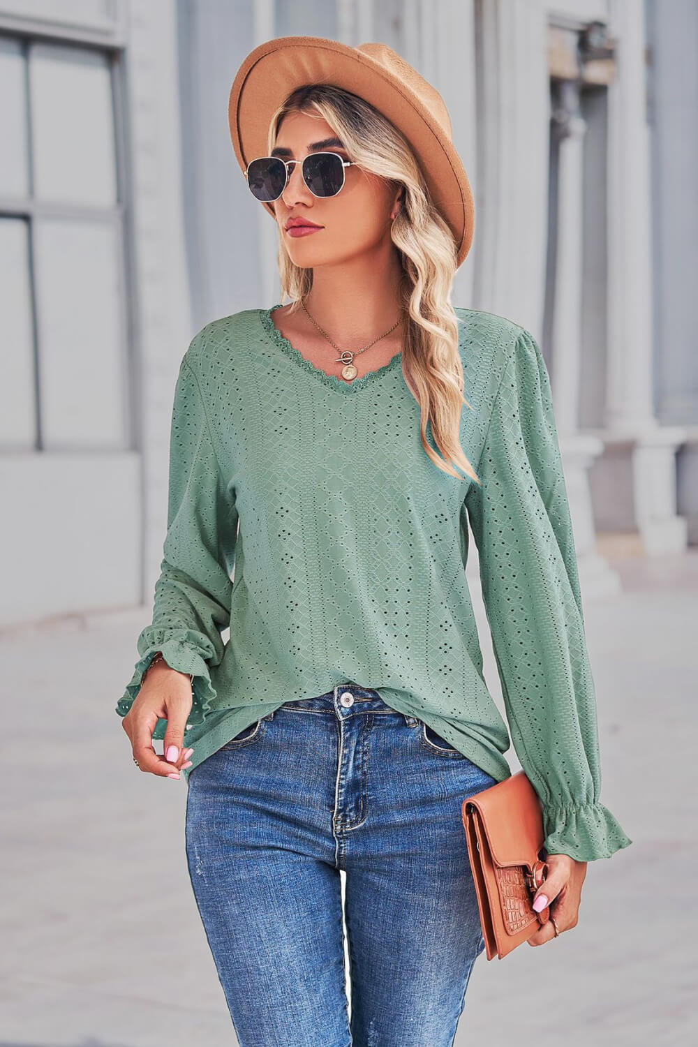 Lace Trim V-Neck Flounce Sleeve Top